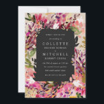 Romantic Bouquet Hot Pink Black Gold Wedding Kaart<br><div class="desc">Waterverf bladen en bladeren die rond het centrale tekstgebied met houtskool draaien met elegante lay-out. Faux goudaccenten; reële folie ook beschikbaar in het collectie. Origineel kunstwerk van Becky Nimoy</div>