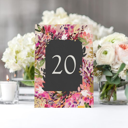 Romantic Bouquet Hot Pink Black Table Number Kaart