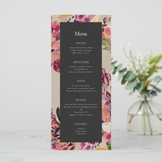 Romantic Bouquet Hot Pink Black Wedding Menu (Staand voorkant)