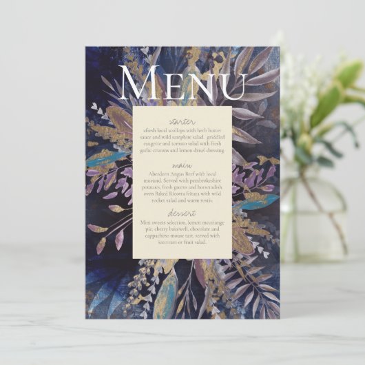 Romantic bouquet schilderde blues menu kaart (Staand voorkant)