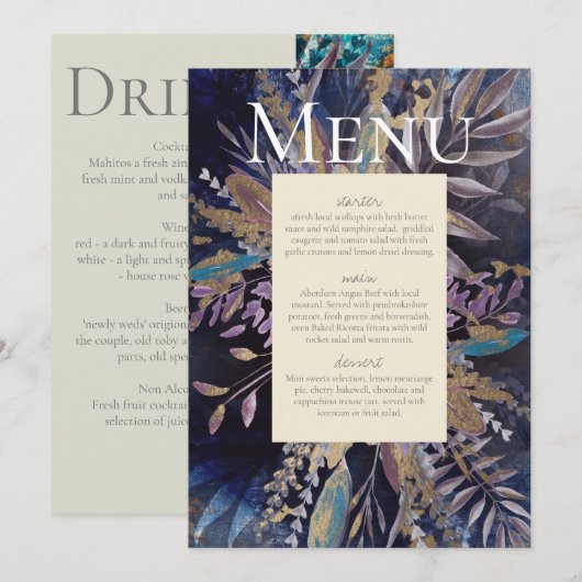 Romantic bouquet schilderde blues menu kaart (Voorkant / Achterkant)