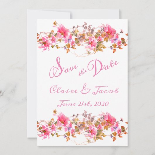 Romantic Bright Pink Floral Waterverf Script Save The Date (Voorkant)