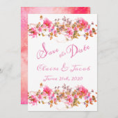 Romantic Bright Pink Floral Waterverf Script Save The Date (Voorkant / Achterkant)