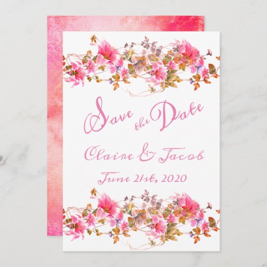 Romantic Bright Pink Floral Waterverf Script Save The Date (Voorkant / Achterkant)