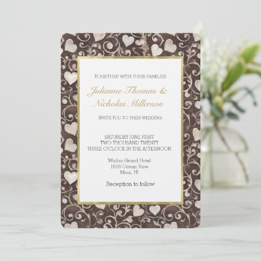 Romantic Brown Cream Hearts Wedding Kaart (Staand voorkant)