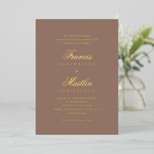 Romantic Brown Elegant Wedding Folie Uitnodiging (Staand Voorkant)