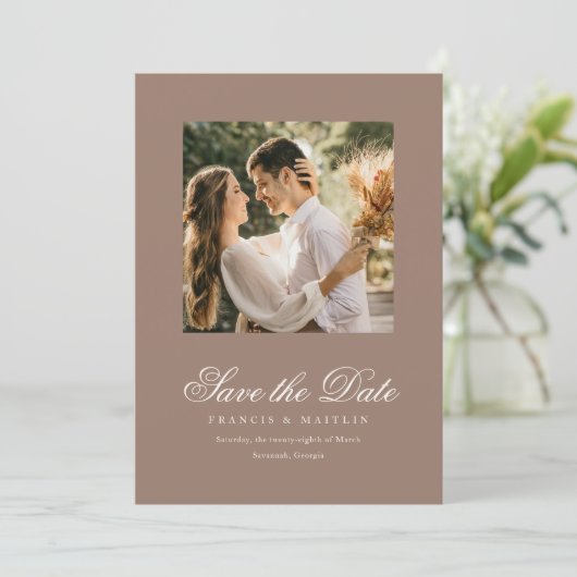 Romantic Brown Photo Elegant Wedding Save The Date (Staand voorkant)