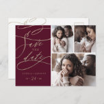 Romantic Burgundy 3 Foto Save the Date Uitnodiging Briefkaart<br><div class="desc">Deze romantische Bourgogne 3 foto,  behalve het briefkaart van de datumaankondiging,  is perfect voor een eenvoudige bruiloft. Het moderne klassieke ontwerp is voorzien van fancy draden en grillen met prachtige elegante handgeschreven faux champagne Gold folie-typografie.</div>