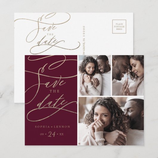 Romantic Burgundy 3 Foto Save the Date Uitnodiging Briefkaart (Voorkant / Achterkant)