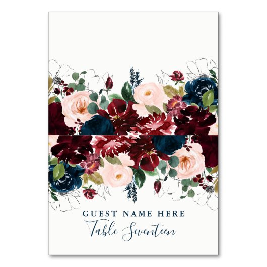 Romantic Burgundy and Blue Woodland Escort Cards Kaart (Voorkant)