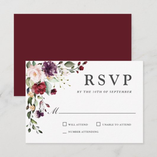 Romantic Burgundy and Plum Floral Wedding RSVP (Voorkant / Achterkant)