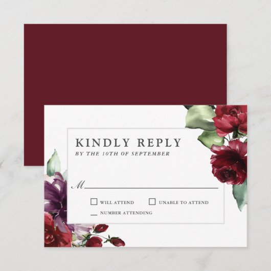 Romantic Burgundy and Plum Floral Wedding RSVP (Voorkant / Achterkant)