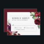 Romantic Burgundy and Plum Floral Wedding RSVP<br><div class="desc">Deze prachtige romantische keuze op bruiloft RSVP-kaarten bevat rijke romantische kleuren van woedend rood, plum paars en etherisch groen. De achterkant van de kaart is bedekt met de corresponderende kleur van de Bourgogne, waardoor een unieke charmante kleurencombinatie wordt gemaakt. Deze kleuren worden vaak gebruikt op bruiloften van midden zomer tot...</div>