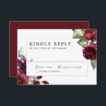 Romantic Burgundy and Plum Floral Wedding RSVP<br><div class="desc">Deze prachtige romantische keuze op bruiloft RSVP-kaarten bevat rijke romantische kleuren van woedend rood, plum paars en etherisch groen. De achterkant van de kaart is bedekt met de corresponderende kleur van de Bourgogne, waardoor een unieke charmante kleurencombinatie wordt gemaakt. Deze kleuren worden vaak gebruikt op bruiloften van midden zomer tot...</div>