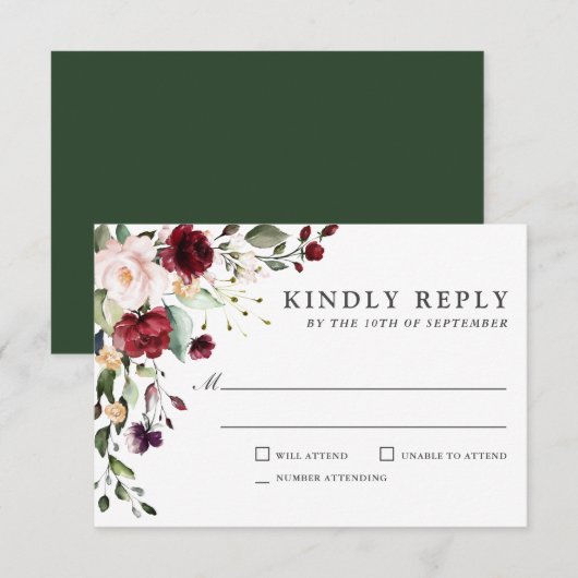 Romantic Burgundy and Plum Floral Wedding RSVP (Voorkant / Achterkant)