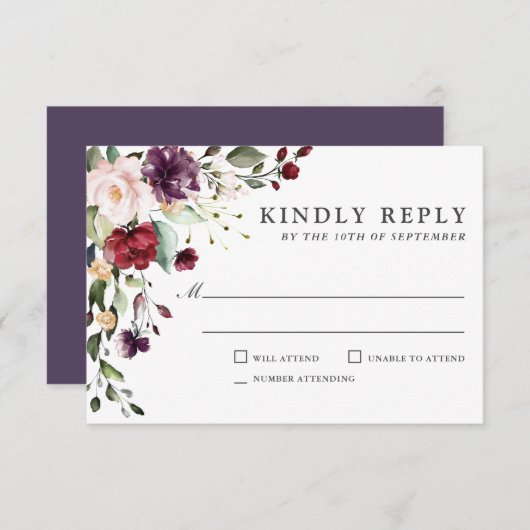Romantic Burgundy and Plum Floral Wedding RSVP (Voorkant / Achterkant)