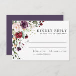 Romantic Burgundy and Plum Floral Wedding RSVP<br><div class="desc">Deze prachtig romantische keuze in bruiloft RSVP kaarten heeft rijke diepe kleuren van bordeaux rood, pruim paarse, en etherische groen. De achterkant van de kaart is bedekt met de bijpassende paarse pruimenkleur waardoor een uniek charmante kleurencombinatie ontstaat. Deze kleuren worden vaak gebruikt in bruiloften vanaf het midden van de zomer...</div>