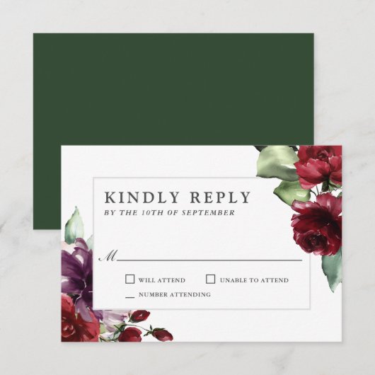Romantic Burgundy and Plum Floral Wedding RSVP (Voorkant / Achterkant)