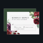 Romantic Burgundy and Plum Floral Wedding RSVP<br><div class="desc">Deze prachtige romantische keuze op bruiloft RSVP-kaarten bevat rijke romantische kleuren van woedend rood, plum paars en etherisch groen. De achterkant van de kaart is bedekt in de bijbehorende diepe groene kleur van de jager die een uniek charmerende kleurencombinatie maakt. Deze kleuren worden vaak gebruikt op bruiloften van midden zomer...</div>