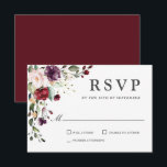 Romantic Burgundy and Plum Floral Wedding RSVP Kaartje<br><div class="desc">Deze prachtige romantische keuze op bruiloft RSVP-kaarten bevat rijke romantische kleuren van woedend rood, plum paars en etherisch groen. De achterkant van de kaart is bedekt met de corresponderende kleur van de Bourgogne, waardoor een unieke charmante kleurencombinatie wordt gemaakt. Deze kleuren worden vaak gebruikt op bruiloften van midden zomer tot...</div>