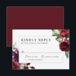 Romantic Burgundy and Plum Floral Wedding RSVP Kaartje<br><div class="desc">Deze prachtige romantische keuze op bruiloft RSVP-kaarten bevat rijke romantische kleuren van woedend rood, plum paars en etherisch groen. De achterkant van de kaart is bedekt met de corresponderende kleur van de Bourgogne, waardoor een unieke charmante kleurencombinatie wordt gemaakt. Deze kleuren worden vaak gebruikt op bruiloften van midden zomer tot...</div>