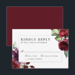 Romantic Burgundy and Plum Floral Wedding RSVP Kaartje<br><div class="desc">Deze prachtige romantische keuze op bruiloft RSVP-kaarten bevat rijke romantische kleuren van woedend rood, plum paars en etherisch groen. De achterkant van de kaart is bedekt met de corresponderende kleur van de Bourgogne, waardoor een unieke charmante kleurencombinatie wordt gemaakt. Deze kleuren worden vaak gebruikt op bruiloften van midden zomer tot...</div>