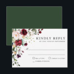 Romantic Burgundy and Plum Floral Wedding RSVP Kaartje<br><div class="desc">Deze prachtig romantische keuze in bruiloft RSVP kaarten heeft rijke diepe kleuren van bordeaux rood, pruim paarse, en etherische groen. De achterkant van de kaart is bedekt met de bijpassende diepe jager groene kleur waardoor een uniek charmante kleurencombinatie ontstaat. Deze kleuren worden vaak gebruikt in bruiloften vanaf het midden van...</div>