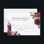 Romantic Burgundy and Plum Floral Wedding RSVP Kaartje<br><div class="desc">Deze prachtige romantische keuze op bruiloft RSVP-kaarten bevat rijke romantische kleuren van woedend rood, plum paars en etherisch groen. De achterkant van de kaart is bedekt met de overeenkomende paarse kleur, waardoor een unieke charmante kleurencombinatie wordt gemaakt. Deze kleuren worden vaak gebruikt op bruiloften van midden zomer tot herfst en...</div>