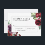 Romantic Burgundy and Plum Floral Wedding RSVP Kaartje<br><div class="desc">Deze prachtige romantische keuze op bruiloft RSVP-kaarten bevat rijke romantische kleuren van woedend rood, plum paars en etherisch groen. De achterkant van de kaart is bedekt met de overeenkomende paarse kleur, waardoor een unieke charmante kleurencombinatie wordt gemaakt. Deze kleuren worden vaak gebruikt op bruiloften van midden zomer tot herfst en...</div>