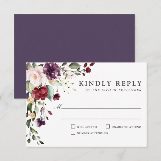 Romantic Burgundy and Plum Floral Wedding RSVP Kaartje (Voorkant / Achterkant)