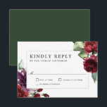 Romantic Burgundy and Plum Floral Wedding RSVP Kaartje<br><div class="desc">Deze prachtige romantische keuze op bruiloft RSVP-kaarten bevat rijke romantische kleuren van woedend rood, plum paars en etherisch groen. De achterkant van de kaart is bedekt in de bijbehorende diepe groene kleur van de jager die een uniek charmerende kleurencombinatie maakt. Deze kleuren worden vaak gebruikt op bruiloften van midden zomer...</div>