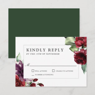 Romantic Burgundy and Plum Floral Wedding RSVP Kaartje