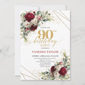 Romantic Burgundy and White Floral 90th Birthday  Kaart (Voorkant)