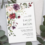 Romantic Burgundy Blush and Plum Wedding Kaart<br><div class="desc">Deze charmante romantische huwelijksuitnodiging heeft een mooie bloemige bovenhoek bouquet in de stijlvolle kleurencombinatie van rubberen rood, wazige roze, plum paars en perzik met brutale groenery, verspreid over het hele gebied. Het maakt een prachtige keuze voor bruiloften van midden zomer, herfst en de wintermaanden. De achterkant van de uitnodiging heeft...</div>