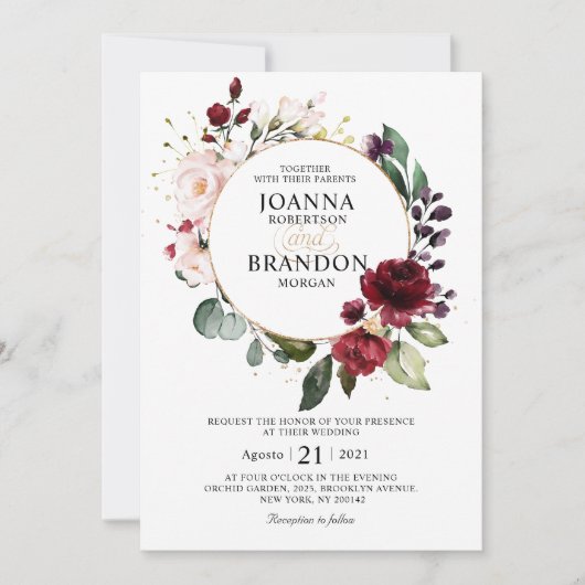 Romantic Burgundy Blush Floral Geometric Weddensch Kaart (Voorkant)