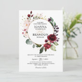 Romantic Burgundy Blush Floral Geometric Weddensch Kaart (Staand voorkant)