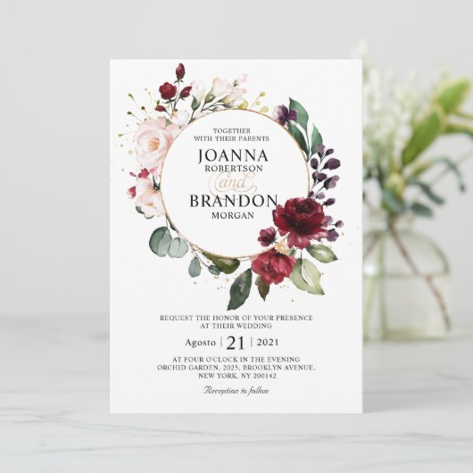 Romantic Burgundy Blush Floral Geometric Weddensch Kaart (Staand voorkant)