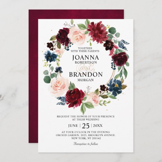 Romantic Burgundy Blush Floral Geometric Wedding Kaart (Voorkant / Achterkant)