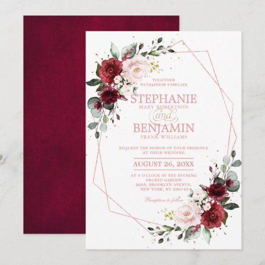 Romantic Burgundy Blush Floral Roos Gold Geometric Kaart (Voorkant / Achterkant)