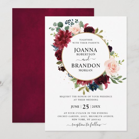 Romantic Burgundy Blush Navy Blue Floral Wedding Kaart (Voorkant / Achterkant)