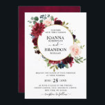 Romantic Burgundy Blush Navy Blue Floral Wedding Kaart<br><div class="desc">De elegante en moderne romantische geometrische waterverf floral bruiloft is voorzien van een bouquet van Bourgogne / marsala , wazige roze, Paarse, perzikkleurige waterverf rozen met hetzelfde blad met een goudcirkelvormige lijst. Ideaal voor een herfst-/midzomerbruiloft. Zoek meer overeenkomende design en variaties uit mijn winkel met 'blissweddingpaperie'. Je kunt contact met...</div>