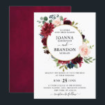 Romantic Burgundy Blush Navy Blue Floral Wedding Kaart<br><div class="desc">De elegante en moderne romantische geometrische waterverf floral bruiloft is voorzien van een bouquet van Bourgogne / marsala , wazige roze, Paarse, perzikkleurige waterverf rozen met hetzelfde blad met een goudcirkelvormige lijst. Ideaal voor een herfst-/midzomerbruiloft. Zoek meer overeenkomende design en variaties uit mijn winkel met 'blissweddingpaperie'. Je kunt contact met...</div>