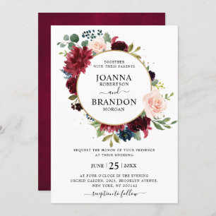 Romantic Burgundy Blush Navy Blue Floral Wedding Kaart