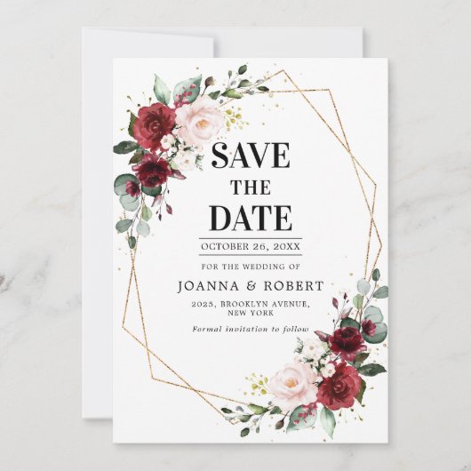 Romantic Burgundy Blush Pink Botanisch Geometrisch Save The Date (Voorkant)