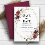 Romantic Burgundy Blush Pink Botanisch Geometrisch Save The Date<br><div class="desc">De prachtige florale boho bruiloft, die de datum bewaart, is voorzien van handbeschilderde waterverf met florale afbeeldingen / rozen in rijke tonen van Burgundy Marsala en een wazige roze / perzikkleurige en charmante handschrift. Neem contact met mij op voor hulp bij aanpassingen of als u een ander product nodig hebt...</div>