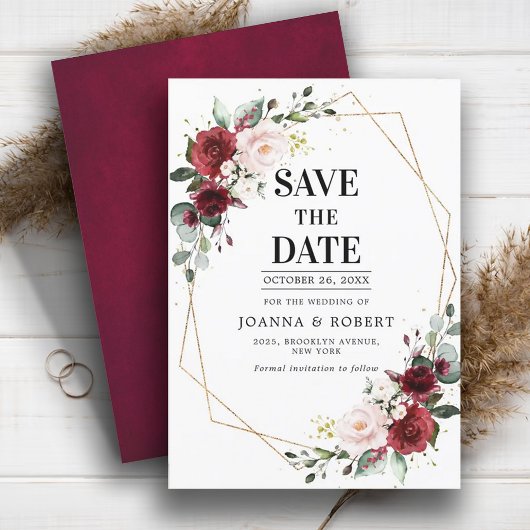 Romantic Burgundy Blush Pink Botanisch Geometrisch Save The Date