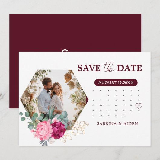 Romantic Burgundy Blush Pink Floral Save the Date (Voorkant / Achterkant)