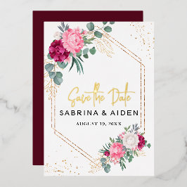 Romantic Burgundy Blush Pink Floral Save the Date Folie Uitnodiging