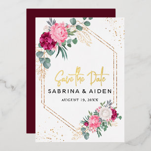 Romantic Burgundy Blush Pink Floral Save the Date Folie Uitnodiging