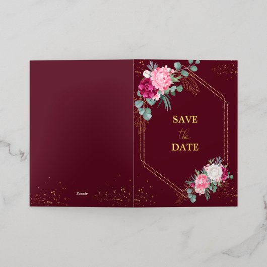 Romantic Burgundy Blush Pink Floral Save the Date Folie Wenskaart (Buiten Laag)
